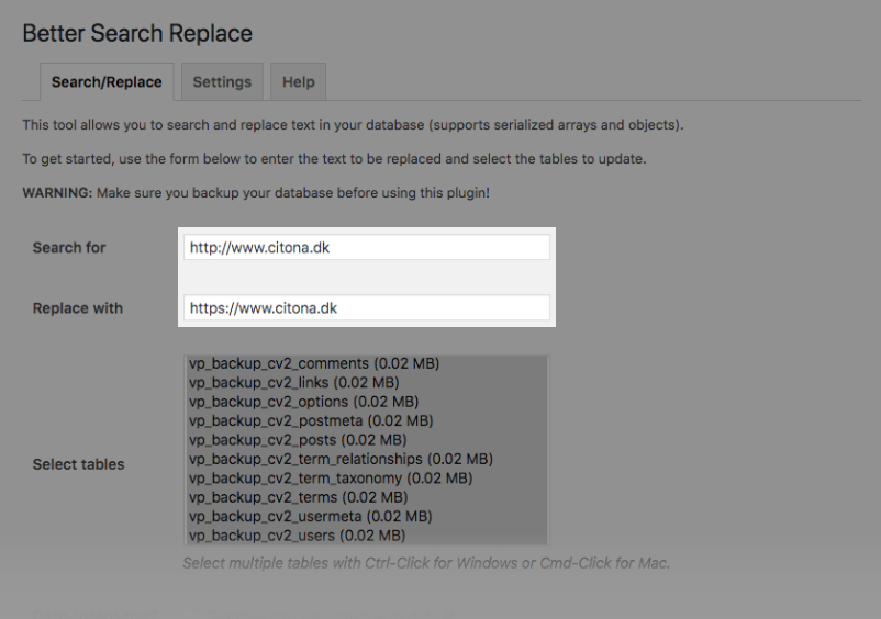 Opdater URL'er fra HTTP til HTTPS med Better Search Replace