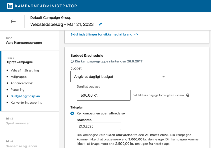 Budget og tidsplan på LinkedIn