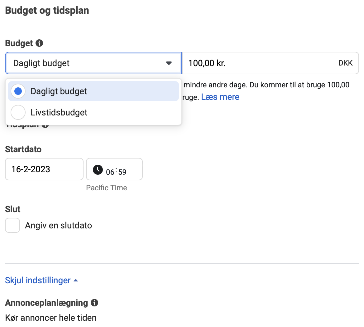 Dagsbudget eller livstidsbudget i Meta annoncekonto