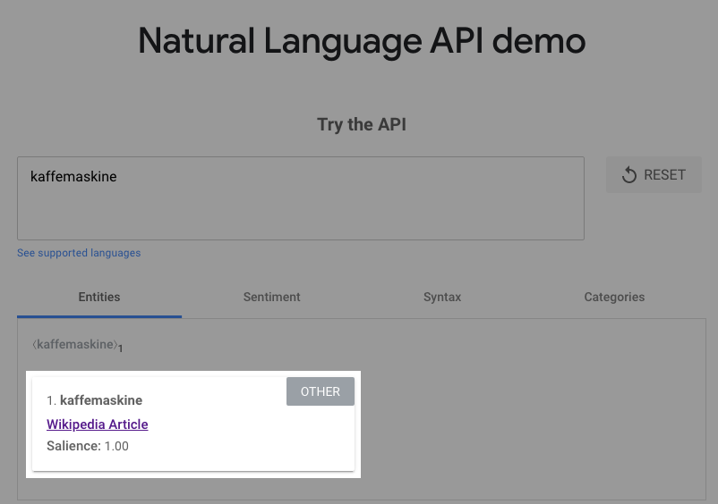 Google Natural Language API test