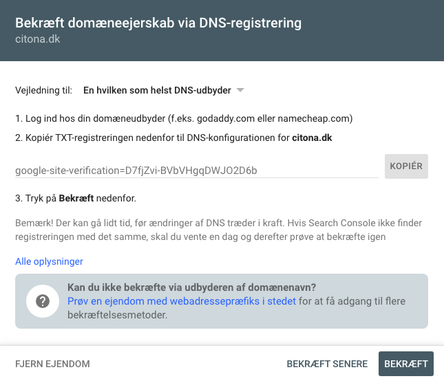 DNS-registrering i Google Search Console