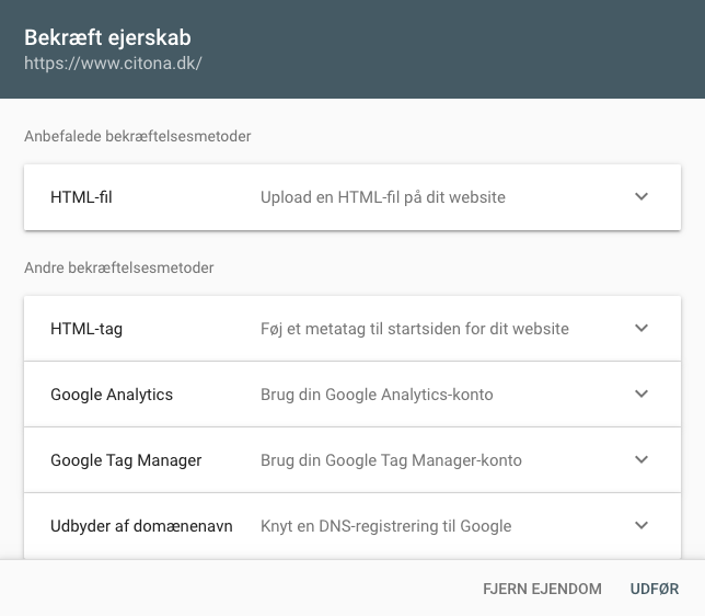 Bekræft domæne eller webadressepræfiks i Google Search Console
