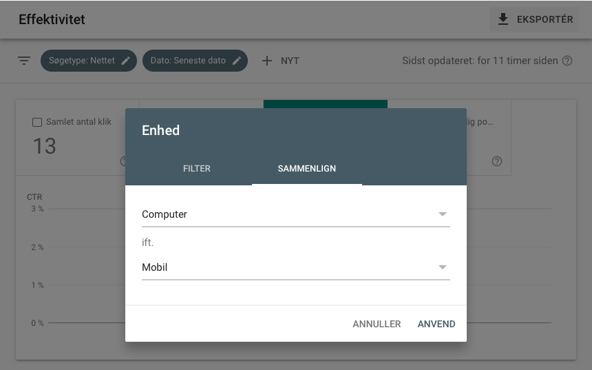 Sammenlign mobil og desktop i Google Search Console