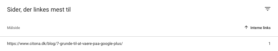 Side med få interne links i Google Search Console