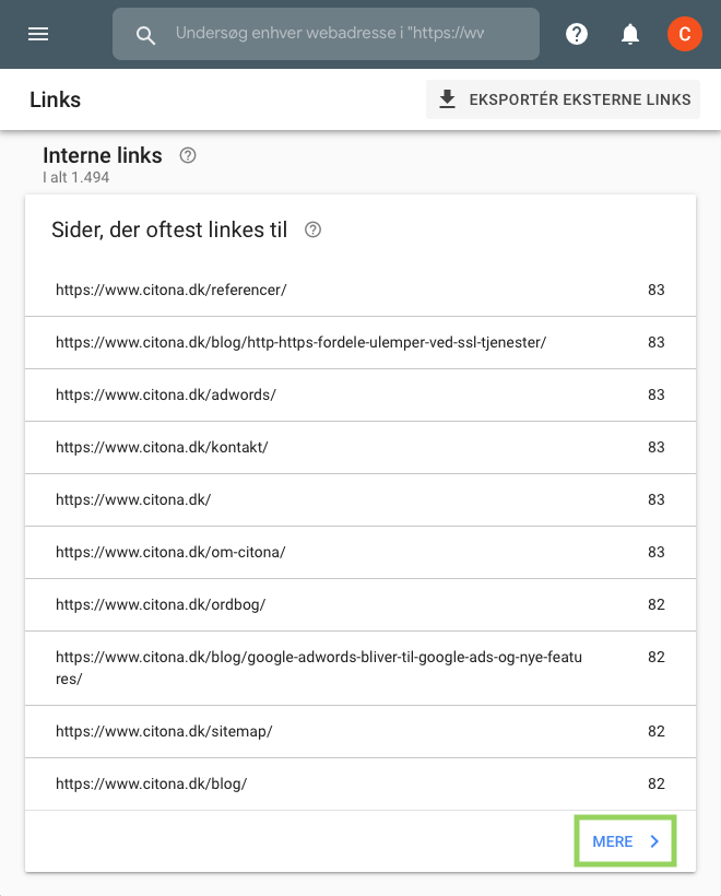 Interne links i Google Search Console