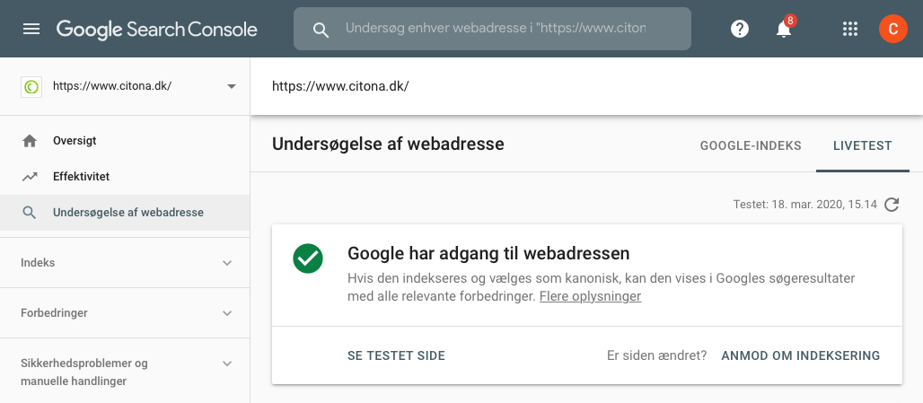 Undersøgelse af webadresse i Google Search Console