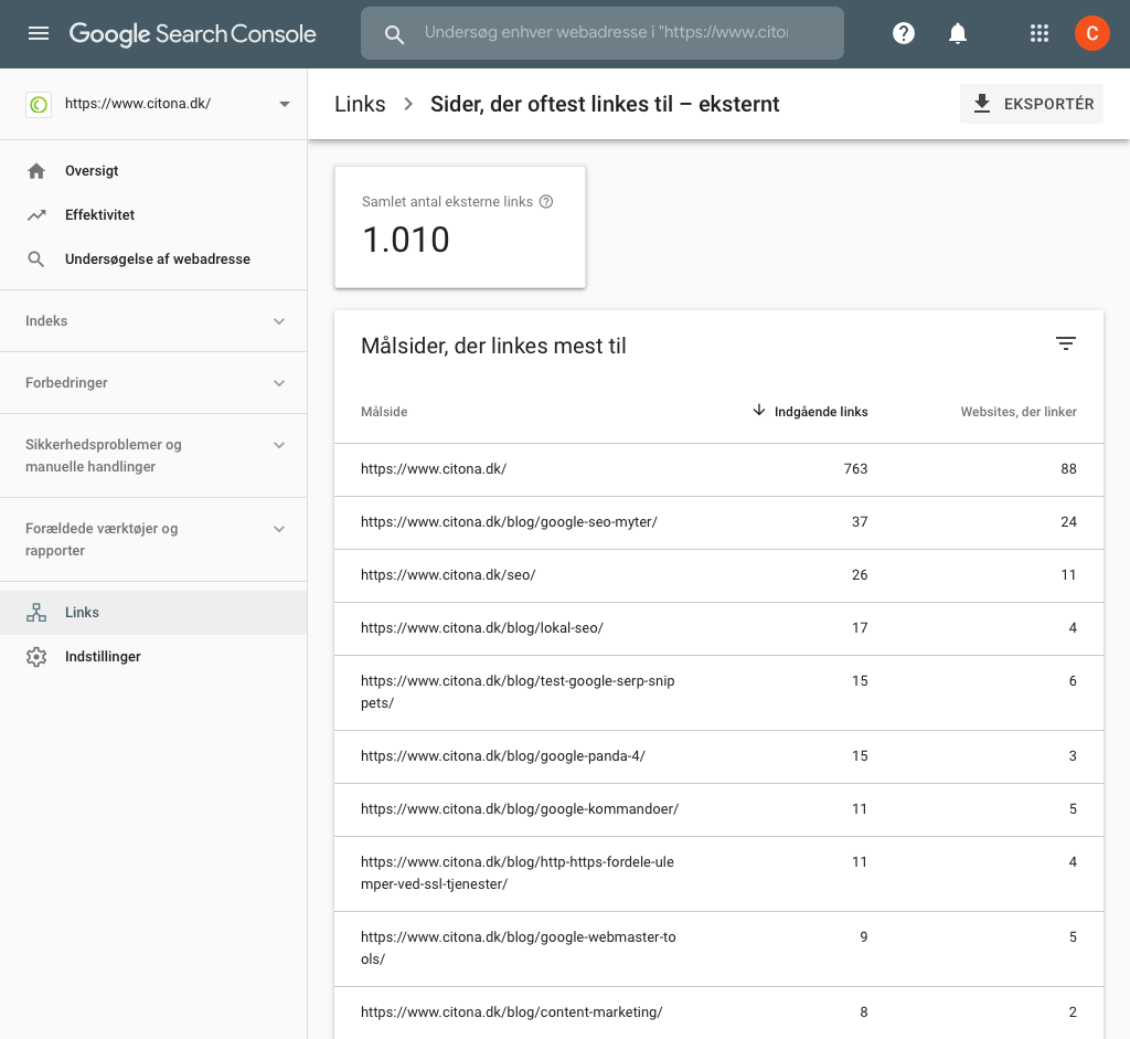 Websites der linker i Google Search Console