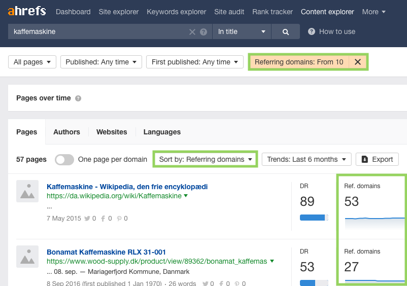 Henvisende domæner i Ahrefs Content Explorer