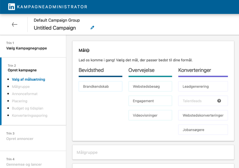 Målsætning i Linkedin annoncekonto