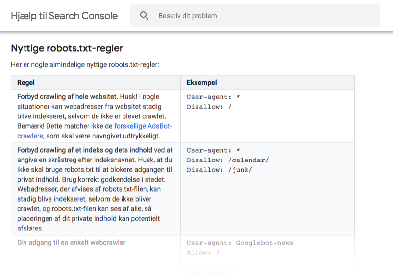 Nyttige robots.txt regler