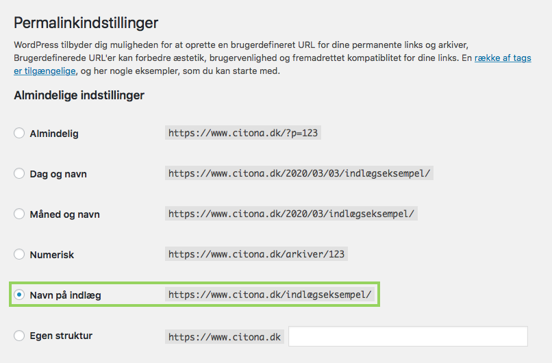 Anbefalinger til permanente links (permalink struktur)