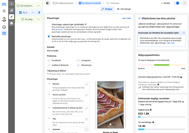 Placeringer i Meta annoncekonto