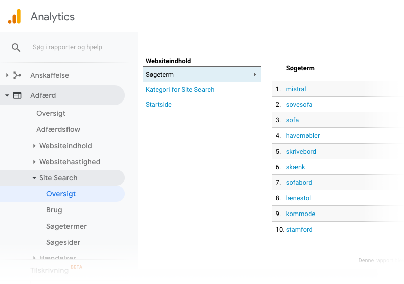 Site search i Google Analytics