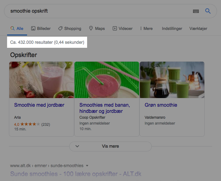 Smoothie opskrift i Google SERPs