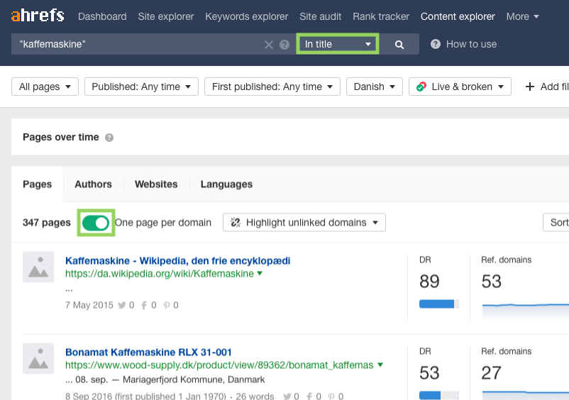Titel søgning i Ahrefs Content Explorer