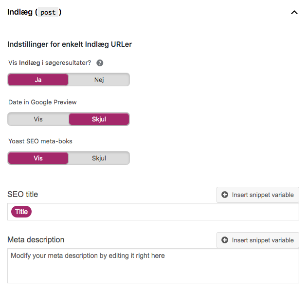 Definer dine sidetitler og meta beskrivelser under Yoast indholdstyper