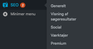 Yoast SEO menu i WordPress kontrolpanel